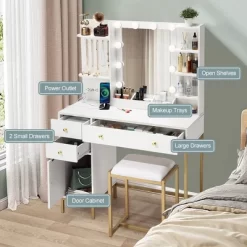 Vanity Desk With Mirror, Makeup Vanity Table With Chair & Charging Station, Dressing Table 9 Vanity Desk With Mirror, Makeup Vanity Table With Chair & Charging Station, Dressing Table -Garvee GUEST 42bcf548 f9f1 4bce 8b7a 57585e3dff49