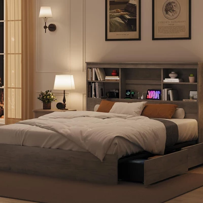 Farmhouse Full/Queen/King Bed Frame With 51" Storage Headboard, 4 Drawers & Charging Station, 1000Lbs Capacity, No Box Spring Needed, Noise-Free 4 Farmhouse Full/Queen/King Bed Frame With 51" Storage Headboard, 4 Drawers & Charging Station, 1000Lbs Capacity, No Box Spring Needed, Noise-Free - Image 2