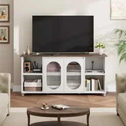 Modern TV Stand For 65 Inch, Black Entertainment Center With Storage Shelves & Glass Doors – Wooden Media Console Cabinet For Living Room -Garvee GUEST 431ef5ae eecc 4487 923a 42d970f3298c