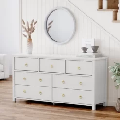 7-Drawer Dresser For Bedroom, White Modern Tall Chest Of Drawers - Storage Dresser With Anti-Tip Design, Robot Vacuum Friendly