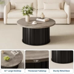 Garvee Round Coffee Table, Mid Century Modern Coffee Table With Metal Base, 31.9" Fluted Center Table For Living Room, Home Small Space, -Garvee GUEST 43b8d09c a7b3 43be bb25 c930fabb1989