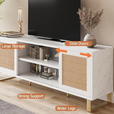 Rattan TV Stand For 65 Inch TV, White Entertainment Center Modern TV Console Table With Storage, Doors And Shelves, Media Cabinet For Living Room 6 Rattan TV Stand For 65 Inch TV, White Entertainment Center Modern TV Console Table With Storage, Doors And Shelves, Media Cabinet For Living Room - Image 4