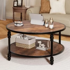 Garvee Coffee Table Round Rustic Center Table With Storage Shelf Wood Circle Coffee Table With Sturdy Metal Legs Living Room
