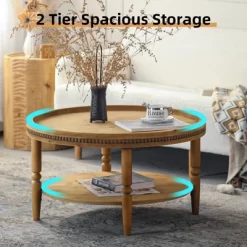 31'' Modern Round Coffee Table, 2 Tier Wooden Center Table With Beaded Trim, Accent Cocktail End Table For Living Room Bedroom Office Brown -Garvee GUEST 475b74b5 ad03 4256 a90f b80b88fa75ef