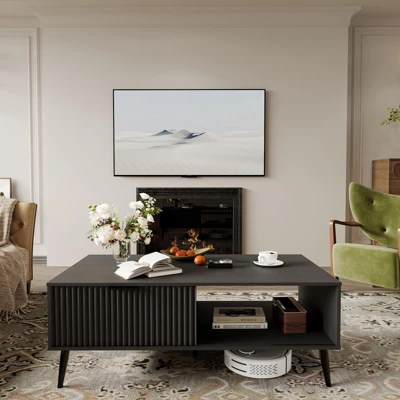 Coffee Table With Storage,Rectangular Wooden Coffee Table With Sliding Door And Solid Wood Legs, 2-Tier Cocktail Table 4 Coffee Table With Storage,Rectangular Wooden Coffee Table With Sliding Door And Solid Wood Legs, 2-Tier Cocktail Table - Image 2