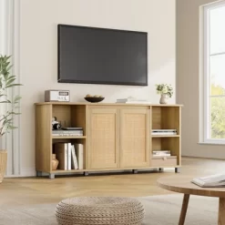 70 Inch TV Stand, Boho TV Stand With Rattan Cabinet Doors, Entertainment Center With 4 Open Shelve, Mid-Century Modern TV Stands - Natural -Garvee GUEST 479dd17c 4f4f 40a3 b626 09ff9ed91354
