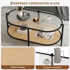 Garvee 2-Tier Rattan Coffee Table, Boho Oval Coffe Table With Tempered Glass Top, Farmhouse Water-Wave Glass Metal Tea Center Tables 9 Garvee 2-Tier Rattan Coffee Table, Boho Oval Coffe Table With Tempered Glass Top, Farmhouse Water-Wave Glass Metal Tea Center Tables -Garvee GUEST 4854b563 0fb8 4d27 8046 eb72bf6467e5