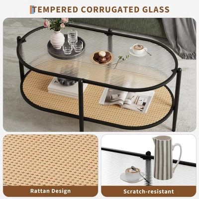 Garvee 2-Tier Rattan Coffee Table, Boho Oval Coffe Table With Tempered Glass Top, Farmhouse Water-Wave Glass Metal Tea Center Tables 5 Garvee 2-Tier Rattan Coffee Table, Boho Oval Coffe Table With Tempered Glass Top, Farmhouse Water-Wave Glass Metal Tea Center Tables - Image 3