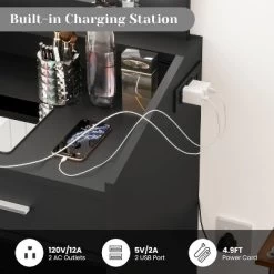 Vanity Desk With Mirror And Lights, Makeup Vanity With Power Outlet & Upholstered Stool, Wooden Dressing Table With Drawers For Bedroom