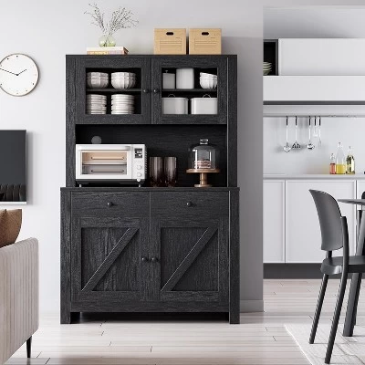 Freestanding Kitchen Pantry Cabinet With Microwave Stand & Buffet Cupboard, Adjustable Shelves For Dining Room 4 Freestanding Kitchen Pantry Cabinet With Microwave Stand & Buffet Cupboard, Adjustable Shelves For Dining Room - Image 2