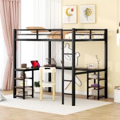 Full Size Loft Bed With Storage Shelves, Heavy Duty Metal Loft Bed With L Shaped Desk, Guardrail, Loft Bed Frame With Ladder For Kids Teens Bedroom
