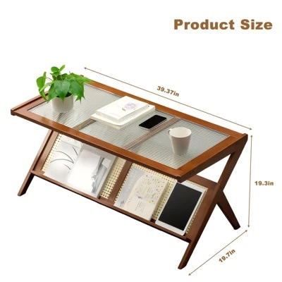 Modern Coffee Table With Glass Top & Rattan Shelf - Z-Shape Design, Warm Wood Frame For Living Room, Office 3 Modern Coffee Table With Glass Top & Rattan Shelf - Z-Shape Design, Warm Wood Frame For Living Room, Office