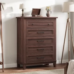 5 Dresser For Bedroom, 41" Tall Dresser, Vertical Drawer Dresser With Storage Freestanding, Wooden Closet Dresser Storage Chest For Bedroom, Walnut