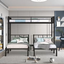 Triple Bunk Bed For Kids & Teens - Metal Frame, Detachable Into 3 Twin Beds, Black Finish -Garvee GUEST 4c3a05d4 34b8 44d3 a254 3b69d39ee893