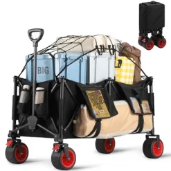 Garvee Foldable Wagon Cart With Big Wheels, Collapsible Utility Cart With Adjustable Handle, Side Pockets And Cup Holder For Shopping, Garden, Black -Garvee GUEST 4ce6abc3 a032 4d1d 87f9 66877cec38c0