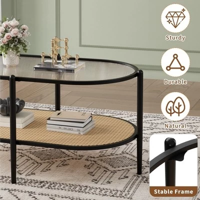 Garvee 2-Tier Rattan Coffee Table, Boho Oval Coffe Table With Tempered Glass Top, Farmhouse Water-Wave Glass Metal Tea Center Tables 4 Garvee 2-Tier Rattan Coffee Table, Boho Oval Coffe Table With Tempered Glass Top, Farmhouse Water-Wave Glass Metal Tea Center Tables - Image 2