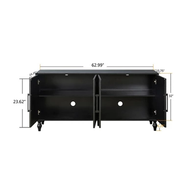 Sideboard Buffet, Wood Floor Cabinet With Carved Flower Door, Metal Handle, Freestanding Sideboard 6 Sideboard Buffet, Wood Floor Cabinet With Carved Flower Door, Metal Handle, Freestanding Sideboard - Image 4