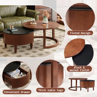Farmhouse Nesting Coffee Table 31.5" & 22.8" Small Round Living Room Coffee Table With Drawer 5 Farmhouse Nesting Coffee Table 31.5" & 22.8" Small Round Living Room Coffee Table With Drawer - Image 3