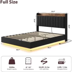 Floating Bed Frame With LED Lights & USB Charging Station – Modern Upholstered Platform Bed With Headboard, Solid Wood Slats Support