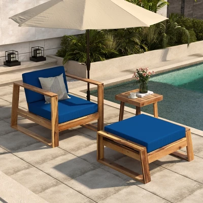 Outdoor Chaise Lounge Chair Set Of 3, Acacia Wood Conversation Set With Coffee Table, Pool Sunbathing Recliner With Ottoman For Porch Backyard 10 Outdoor Chaise Lounge Chair Set Of 3, Acacia Wood Conversation Set With Coffee Table, Pool Sunbathing Recliner With Ottoman For Porch Backyard - Image 9