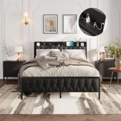 Full Size Bed Frame, Button Headboard With Charging Station, All-Metal Full Platform Bed Frame With Storage, No Box Spring Needed, Black -Garvee GUEST 501589c7 08ec 46b4 b0a4 7e9ed79422e7