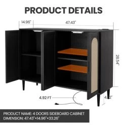 Whizmax Rattan Sideboard Buffet Cabinet, 4 Doors Accent Storage Cabinet, Console Table Coffee Bar,Adjustable Shelves For Kitchen, Hallway, Living Room -Garvee GUEST 5055383f 8917 4839 8985 50163cc87bc4