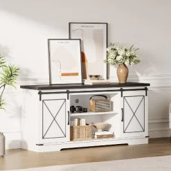 Farmhouse TV Stand And Entertainment Center For TV Up To 65 Inches With Sliding Barn Doors And Adjustable Shelf, White & Brown 13 Farmhouse TV Stand And Entertainment Center For TV Up To 65 Inches With Sliding Barn Doors And Adjustable Shelf, White & Brown -Garvee GUEST 505e938a 391e 4c4c 9148 6245bffab5b3