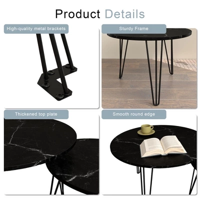 Round Nesting Coffee Table Set Of 2, Circular Nesting End Table Set, Round Marble Tabletop, And Sturdy Metal Base For Living Room, Bedroom 4 Round Nesting Coffee Table Set Of 2, Circular Nesting End Table Set, Round Marble Tabletop, And Sturdy Metal Base For Living Room, Bedroom - Image 2