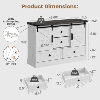 Farmhouse 4 Drawer Dresser, 58.7" Chest Of Drawers With Sliding Barn Door, Rustic Wood Sideboard Buffet Cabinet With Adjustable Shelves 3 Farmhouse 4 Drawer Dresser, 58.7" Chest Of Drawers With Sliding Barn Door, Rustic Wood Sideboard Buffet Cabinet With Adjustable Shelves