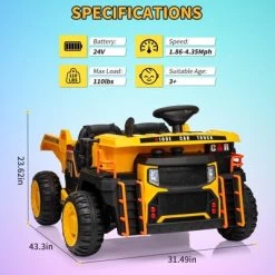 Garvee 24V 2-Seater Ride-On Dump Truck For Kids, Electric Construction Vehicle With Remote Control,Motorized Dump Bed, Shovel,LED Lights,Music,Yellow