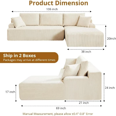 Modular Sectional Sofa, 106" Modular Cloud Couch, L-Shaped Corduroy Sectional Sofa With Chaise, No Assembly, Ultra-Plush Comfort 4 Modular Sectional Sofa, 106" Modular Cloud Couch, L-Shaped Corduroy Sectional Sofa With Chaise, No Assembly, Ultra-Plush Comfort - Image 2