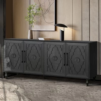 Sideboard Buffet, Wood Floor Cabinet With Carved Flower Door, Metal Handle, Freestanding Sideboard 4 Sideboard Buffet, Wood Floor Cabinet With Carved Flower Door, Metal Handle, Freestanding Sideboard - Image 2