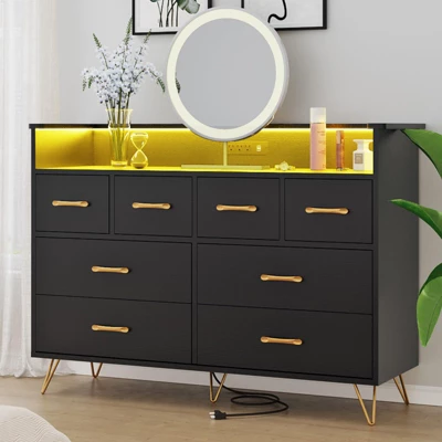 Dresser With Power Outlet And LED Lights, Wood 8 Drawer Dresser For Bedroom, Modern Chest Of Drawers For Closet, Living Room 5 Dresser With Power Outlet And LED Lights, Wood 8 Drawer Dresser For Bedroom, Modern Chest Of Drawers For Closet, Living Room - Image 3