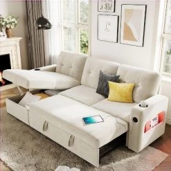 84 Inch Sleeper Sofa Couch, L-Shaped Sofa, Convertible Pull Out Sofa Bed With Storage, Charging Station, Led Lights, Modern Sectional Sofa -Garvee GUEST 5331de56 55cc 4ecc abf8 a86a01b5a459