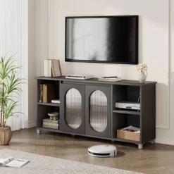 Modern TV Stand For 65 Inch, Black Entertainment Center With Storage Shelves & Glass Doors – Wooden Media Console Cabinet For Living Room -Garvee GUEST 538a2d1e d9ce 450f a231 1559fbf3dd28