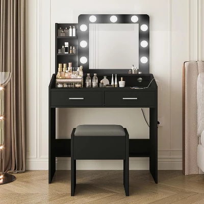 Vanity Desk With Mirror And Lights, Makeup Vanity With Power Outlet & Upholstered Stool, Wooden Dressing Table With Drawers For Bedroom 7 Vanity Desk With Mirror And Lights, Makeup Vanity With Power Outlet & Upholstered Stool, Wooden Dressing Table With Drawers For Bedroom - Image 5