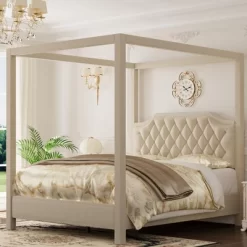Canopy Bed Frame With Upholstered Headboard, Four Poster Design, Button Tufted, And Slide Rail, No Box Spring Required, Wooden Slatted Structure -Garvee GUEST 55862fcb eebf 4455 a8e3 cbdfedea3078