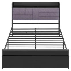 Full Bed Frame With Headboard And Storage, Heavy Duty Bed Frames With 2 Storage Drawers, Black Bedframe With Charging Station, No Box Spring Needed