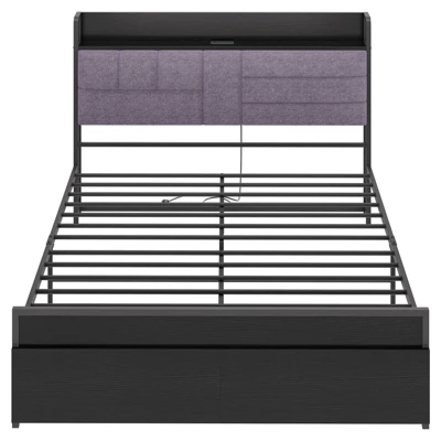 Full Bed Frame With Headboard And Storage, Heavy Duty Bed Frames With 2 Storage Drawers, Black Bedframe With Charging Station, No Box Spring Needed 3 Full Bed Frame With Headboard And Storage, Heavy Duty Bed Frames With 2 Storage Drawers, Black Bedframe With Charging Station, No Box Spring Needed
