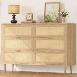 Rattan 6 Drawer Dresser, Wide Double Dresser With Gold Handles & Legs, Modern Chest With Large Storage For Bedroom Or Living Room -Garvee GUEST 55d514a4 a2dc 4cda 83ce 28edc538cdd6