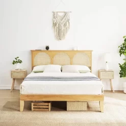 Bed Frame With Natural Rattan Headboard, Boho Wooden Platform Bed With Strong Wooden Slats, Noise-Free, No Box Spring Needed, Arch -Garvee GUEST 580d9ab8 c6a4 4672 8e8b 56681f227082