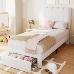 Twin Bed Frame With Storage Drawer And Headboard, Velvet Upholstered Twin Platform Bed Frame For Girls, Strong Wooden Slats Support, Noise-Free -Garvee GUEST 5837631e d770 41cc 9b84 5bc0fc89ecb0