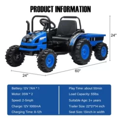 Kids Ride On Tractor With Trailer, 12V Battery Powered Electric Tractor With Remote Control, Music, USB, Led, Unload Button