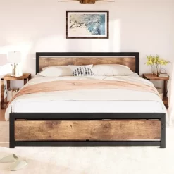 Whizmax Queen Size Bed Frame Platform, Industrial Queen Bedframe With Wooden Headboard No Box Spring Needed, Easy Assemble Noise Free Rustic Brown -Garvee GUEST 5962ded4 2d77 4692 a11f 32f17913229c