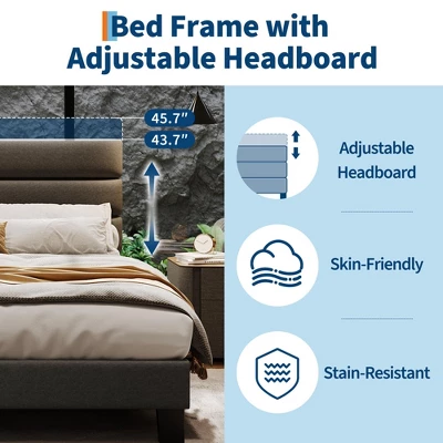 Queen Bed Frame With Adjustable Headboard, Linen Fabric Upholstered, Wooden Slats Support, Heavy Duty Mattress Foundation 7 Queen Bed Frame With Adjustable Headboard, Linen Fabric Upholstered, Wooden Slats Support, Heavy Duty Mattress Foundation - Image 5
