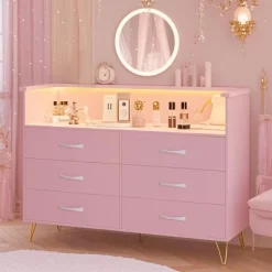 Garvee 6 Drawer Dresser With LED Lights & Charging Station, Soft Pink Modern Storage Chest With Open Shelf For Bedroom, Entryway, TV Stand -Garvee GUEST 59fc6337 4f5d 4fff bf86 9e0b52e257a4