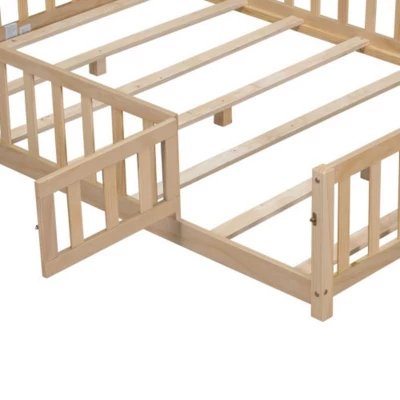 Full Size Floor Platform Bed With Fence And Door, Wooden Floor Bed Frame With Support Slats For Boys Girls Bedroom Furniture, Easy To Assembly 3 Full Size Floor Platform Bed With Fence And Door, Wooden Floor Bed Frame With Support Slats For Boys Girls Bedroom Furniture, Easy To Assembly