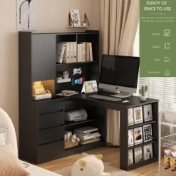 L Shaped Desk,Computer Desk With Drawers,with LED Light,Modern Corner Desk,Corner Gaming Computer Desk With Storage