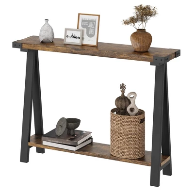Farmhouse Entryway Table, Narrow Sofa Table With Open Storage Shelf, Metal Frame Skinny Console Table With V-Shaped Leg Design 4 Farmhouse Entryway Table, Narrow Sofa Table With Open Storage Shelf, Metal Frame Skinny Console Table With V-Shaped Leg Design - Image 2