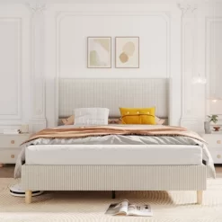 Bed Frame, Corduroy Upholstered Queen Bed Frame With Wingback Headboard, No Box Spring Needed, Solid Wooden Slats, Noise Free 19 Bed Frame, Corduroy Upholstered Queen Bed Frame With Wingback Headboard, No Box Spring Needed, Solid Wooden Slats, Noise Free -Garvee GUEST 5c0b5f59 2db8 43b7 82d9 87b3e58a41d6
